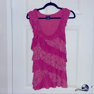 Dark pink sleeveless lace ruffle top